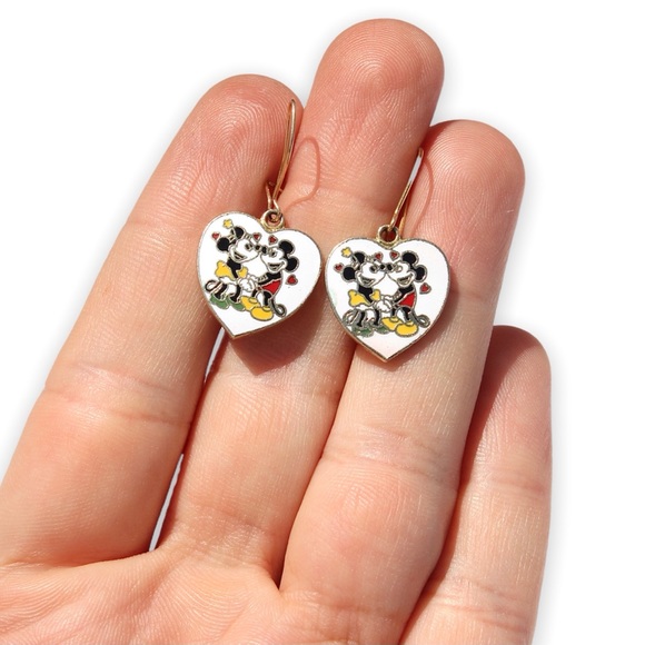 Vintage Mickey & Minnie Mouse White Enamel Heart Earrings Gold Tone Walt Disney - Picture 2 of 3